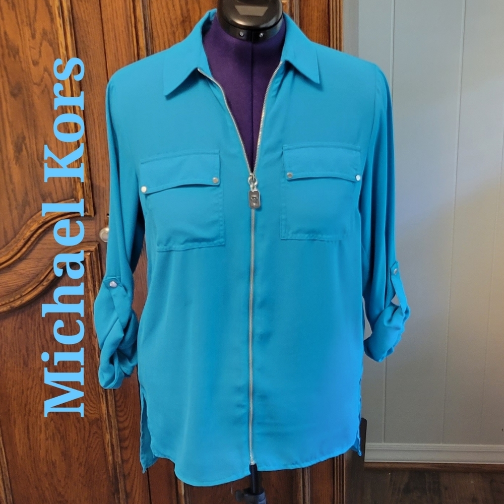 ❣️HP❣️Michael Kors turq full zip dog tag elegant zipper blouse sz: M NWOT